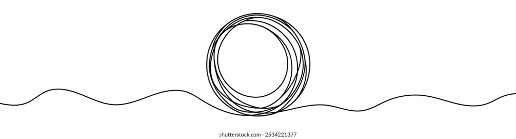 Minimalist illustration featuring a single unbroken line creating a landscape with the sun