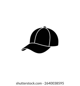 Minimalist illustration featuring a solid black baseball cap, perfect for designs related to sportswear, fashion, and everyday headwear accessories. Ideal for graphic design.