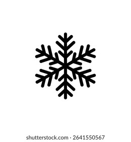 A minimalist illustration featuring a solid black snowflake icon centered against a plain white backdrop, conveying winter, cold, and festive holiday themes.