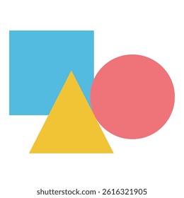 A minimalist illustration featuring a square, a triangle, and a circle. This graphic is a simple representation of basic geometric forms