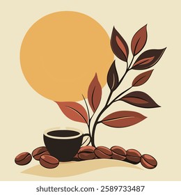 A minimalist illustration featuring a steaming cup of coffee surrounded by coffee beans and a stylized plant. 