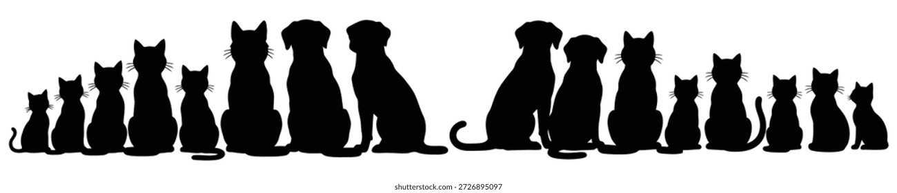 Una ilustración minimalista con tres siluetas de gatos negros sentados uno al lado del otro, mirando a la izquierda, con bigotes y colas visibles sobre un fondo blanco liso.