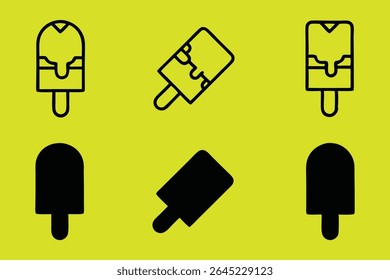 Uma ilustração minimalista com três contornos e três ícones de picolé preto sólido dispostos em duas fileiras contra um fundo amarelo brilhante.