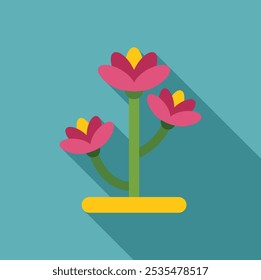 Minimalist illustration featuring three pink flowers with a yellow center growing on a long green stem from a yellow base