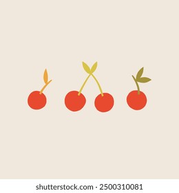 A minimalist illustration featuring three stylized red cherries with different colored leaves on a light background
