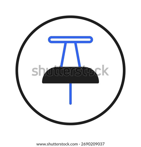 A minimalist illustration featuring a thumbtack icon centered within a dark circular border. The thumbtack design employs a simple blue and black color scheme. It represents a graphic element that