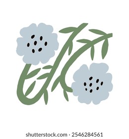 Uma ilustração minimalista com duas flores azuis com caules verdes sobre um fundo branco, representando tranquilidade e simplicidade. Perfeito para decoração moderna ou projetos artísticos