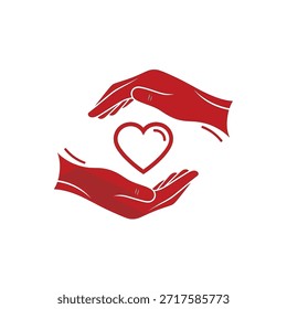 Una ilustración minimalista con dos manos rojas que envuelven suavemente un corazón blanco, simbolizando el cuidado, la protección y el amor. El diseño es simple e impactante.