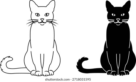Una ilustración minimalista con dos gatos sentados, uno como un contorno blanco y el otro como un Vector de silueta negro