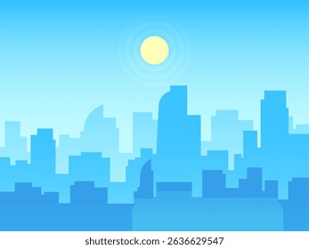 Minimalist illustration featuring a vibrant blue city skyline, showcasing towering skyscrapers under a bright sun in a clear, sunny sky, creating a modern urban landscape