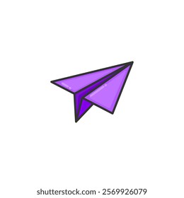 A minimalist illustration featuring a vibrant purple paper airplane on a crisp white background, symbolizing creativity, freedom, and fun.