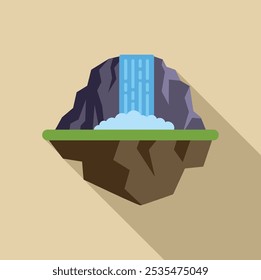 Ilustração minimalista com uma cachoeira em cascata de uma montanha em uma ilha flutuante, criando uma sensação de serenidade e tranquilidade