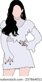 Minimalist illustration featuring a woman wearing a modern white dress and stylish earrings.