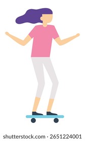 Minimalist illustration of a female skater balancing on a skateboard with arms outstretched, enjoying the ride with purple hair flowing in the wind