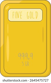 Minimalist illustration of a fine gold bar with bright golden color and soft reflections. The label FINE GOLD is written at the top, while the bottom shows 999.9 purity and 5 GR weight.