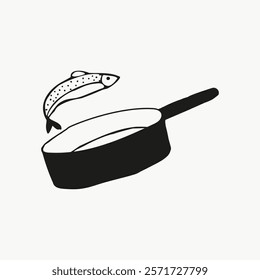 Minimalist illustration of a fish jumping into a frying pan. Simple black and white design, emphasizing cooking and seafood themes. Simple isolated black line art doodle vector.