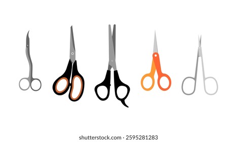 A minimalist illustration of five different scissors in various shapes, sizes, and colors, including grooming, household, and professional shears, arranged on a white background