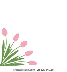 Minimalist illustration of five pink tulips arranged in a fan shape in the bottom left corner. Elegant floral design for prints, invitations, greeting cards, decorations, and botanical artwork.