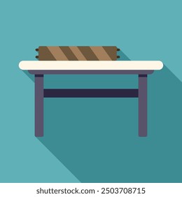 Minimalist illustration of a fluorescent light bulb on a table, featuring a long shadow cast on a teal background