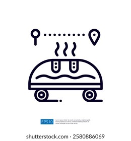 A minimalist illustration of a food delivery vehicle with steam rising, indicating hot food, along with location markers suggesting delivery tracking.