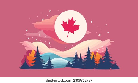 Minimalist Illustration of forest with beautiful scenery, Red Autumn Leaf background, Happy Canada Day, Vector Illustration, Forest View