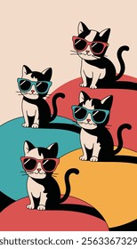 Minimalist Illustration of Four Cats in Sunglasses on Colorful Circles