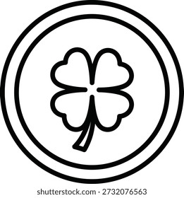 Una ilustración minimalista de un trébol de cuatro hojas encerrado dentro de un círculo de doble línea, que simboliza la buena suerte y la fortuna.