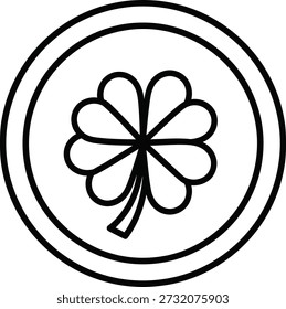 Uma ilustração minimalista de um trevo de quatro folhas fechado dentro de dois círculos concêntricos, apresentado em preto e branco. O design é simples, elegante e simbólico, muitas vezes associado à boa sorte.