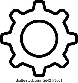 A minimalist illustration of a gear, featuring a black outline. The gear has eight teeth and a central circle, ideal for representing settings or mechanics.