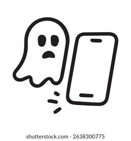 A minimalist illustration of a ghost with a sad face standing beside a smartphone, ideal for halloween promotions or tech related spooky themes.
