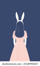 A minimalist illustration of a girl with long dark hair, seen from the back, wearing a pale pink dress and white bunny ears.