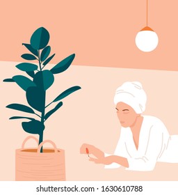 Minimalist illustration of a girl painting her nails and interior with a plant tree. For posters, wallpapers, prints, cards and t-shirt design.