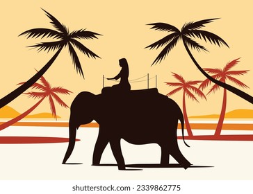 Minimalist illustration. A girl rides an elephant along the ocean shore.