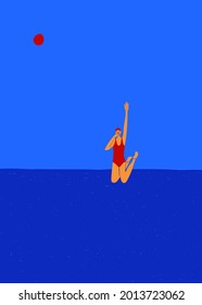 Minimalist illustration with girl swimmer jumping into the water. Poster, print or t-shirt design.
