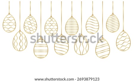 A minimalist illustration of golden Easter eggs hanging from delicate gold strings. The eggs are decorated with different geometric patterns, creating a festive 