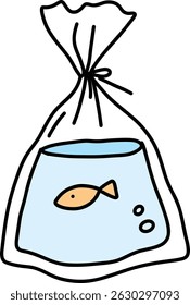 Minimalist Illustration of Goldfish in a Plastic Bag - Cute Hand Drawn Style