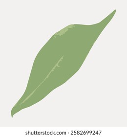 Minimalist illustration of a green leaf on a light background. Simple leaf design with smooth lines. Green leaf art, perfect for nature-themed decor. Vintage botanical leaf illustration vector.