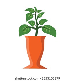 Uma ilustração minimalista de uma planta verde com várias folhas em um vaso laranja. O vaso tem uma forma única, ligeiramente florida, realçando o olhar vibrante, perfeito para decoração e temas botânicos