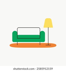 Minimalist illustration of a green sofa and yellow lamp on an orange rug. Simple sofa design, bright lamp, colorful rug. Modern home decor with sofa and lamp. Vector isolated on white.