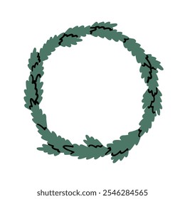 Minimalist illustration of a green wreath made of leaves. Perfect for holiday decorations, festive themes, or nature-inspired designs. Clean, simple design ideal for backgrounds or cards