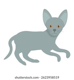 Minimalist illustration of a grey cat relaxing, lying on the floor, with big eyes and a cute expression
