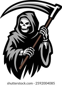 Minimalist illustration of a grim reaper holding a scythe