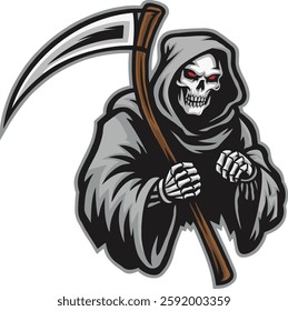  Minimalist illustration of a grim reaper with red eyes holding a scythe