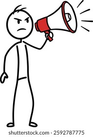 Minimalist illustration of a grumpy stick man with a megaphone