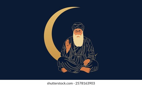 Minimalist illustration of Guru Nanak Dev Ji in meditation with a crescent moon, symbolizing wisdom, peace, and divine enlightenment in Sikhism