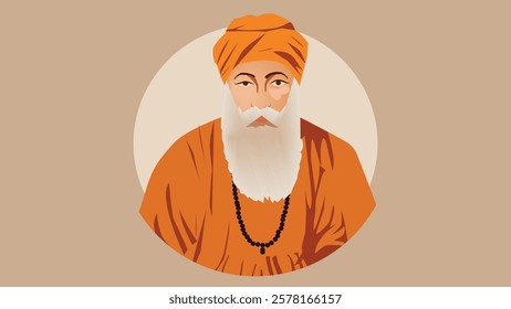 Minimalist illustration of Guru Nanak Dev Ji with a peaceful expression, wearing traditional attire and a prayer bead necklace, symbolizing wisdom, faith, and Sikh spirituality