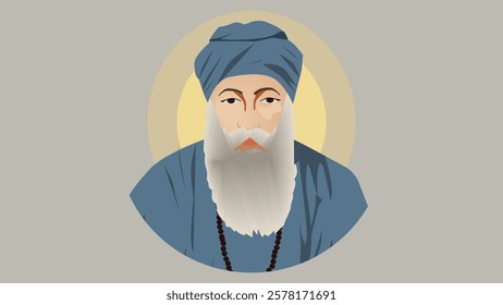 Minimalist illustration of Guru Nanak Dev Ji with a serene expression, wearing a blue turban and prayer beads, symbolizing divine wisdom, peace, and Sikh spirituality