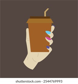 Minimalist Illustration of a Hand Holding a Coffee Cup with Colorful Nails on Dark Background