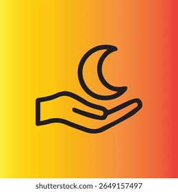 Ilustração minimalista de uma mão segurando uma lua crescente em um fundo gradiente quente. Simboliza sonhos, orientação e conceitos relacionados à noite.