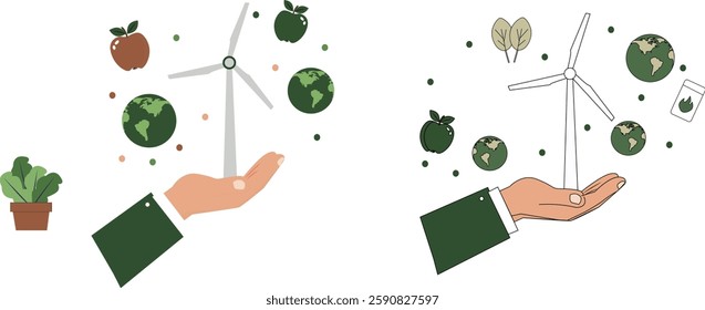 Minimalist illustration of a hand supporting a wind turbine, symbolizing renewable energy and environmental sustainability. 